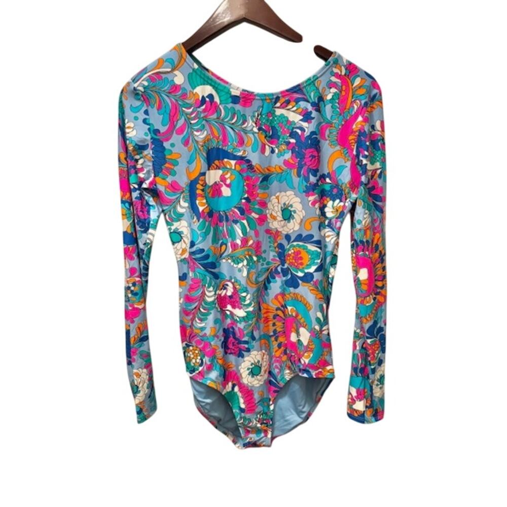 NWT Kate Spade Spring Water Long Sleeve Rash Guard Swimsuit Large Blue Pink